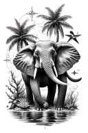 Arm sleeve, Elephant, palm tree, compass, flamingos, turtle, diver, corals reef, dolphins, maps tattoo design idea