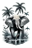 Arm sleeve, Elephant, palm tree, compass, flamingos, turtle, diver, corals reef, dolphins, maps tattoo design idea