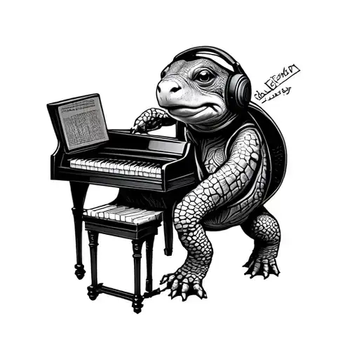 A tortoise wearing headphones and playing a tiny piano tattoo design idea