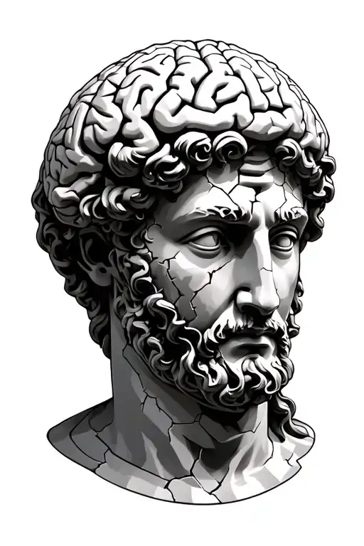 Cracked Greek statue face with brain and heart intertwined tattoo design idea