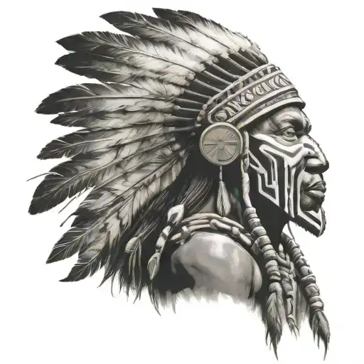 African Warrior With Native American headress tattoo design idea