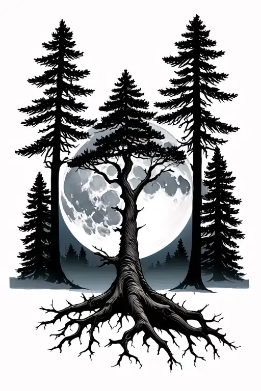 moon behind pine trees knotted roots tattoo design idea