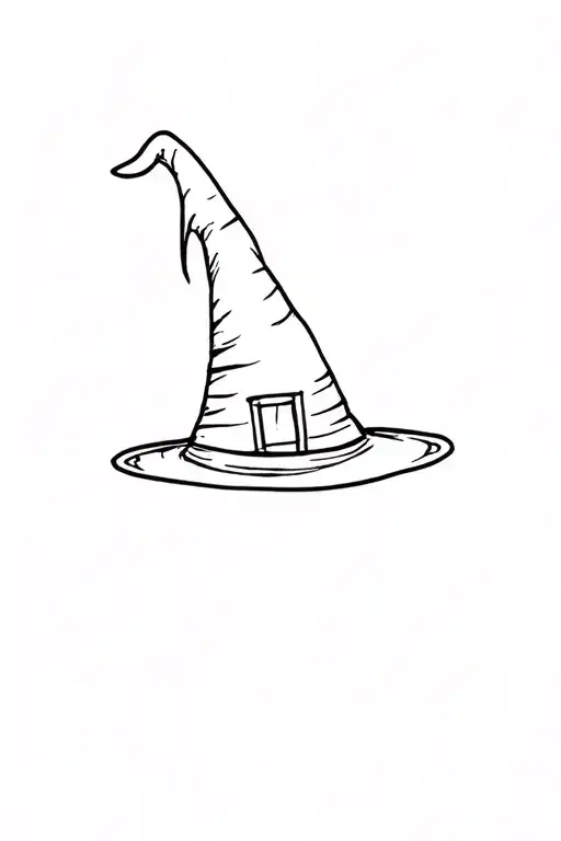 "Tiny witch hat tattoo design with clean black line art, simple shading, minimal details, white background" tattoo design idea