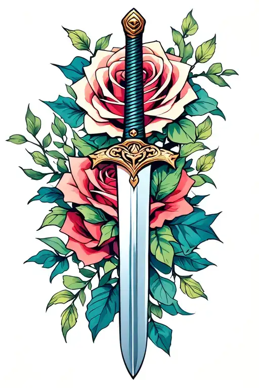 A minimalist design of the Mulan family sword intertwined with a rose from Beauty and the Beast tattoo design idea