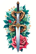 A minimalist design of the Mulan family sword intertwined with a rose from Beauty and the Beast tattoo design idea