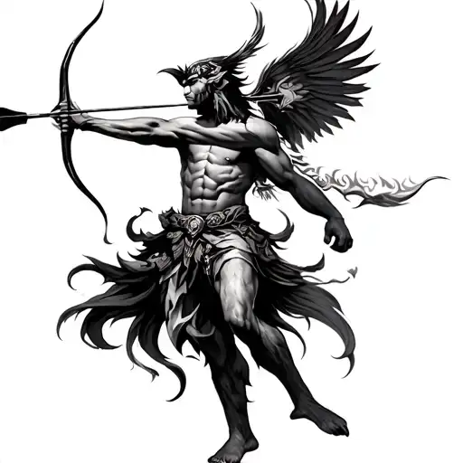 "Oxóssi, the hunting Orixa, is portrayed in a dynamic pose, about to fire his well-aimed arrow. His body is agile and mu tattoo design idea