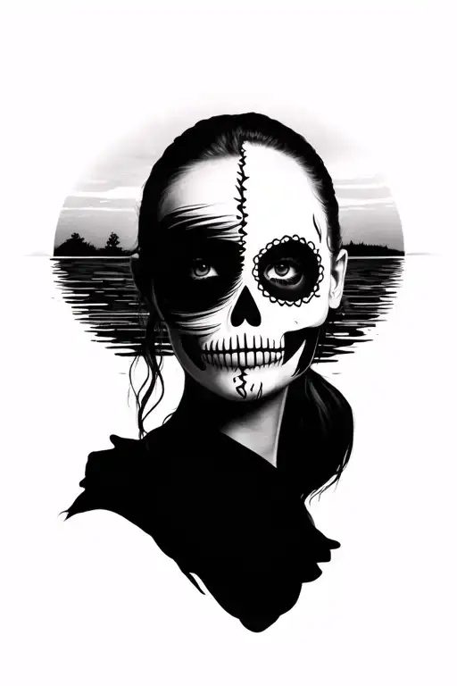 black and white, realistic portrait of a female facing forward with half a sugar skull face, semicircular sunset behind  tattoo design idea