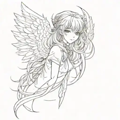 anime chan with wings and long hair, light lines around tattoo design idea