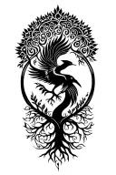 tree of life and rising phoenix intertwined symbolizing tattoo design idea