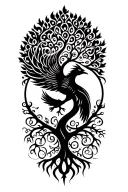 tree of life and rising phoenix intertwined symbolizing tattoo design idea
