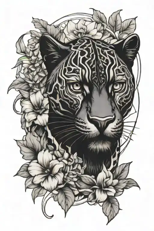 black panther and flowers intertwined tattoo design idea