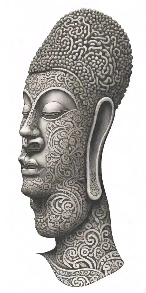 Create a tattoo of a serene Buddha figure surrounded by intricate woodwork patterns, representing the client's love for woodworking and Buddhist beliefs tattoo design idea