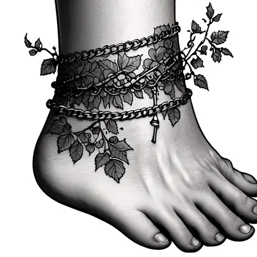 ankle bracelet one line of brambles, one in lace and another in horizontal chain around the ankle tattoo design idea