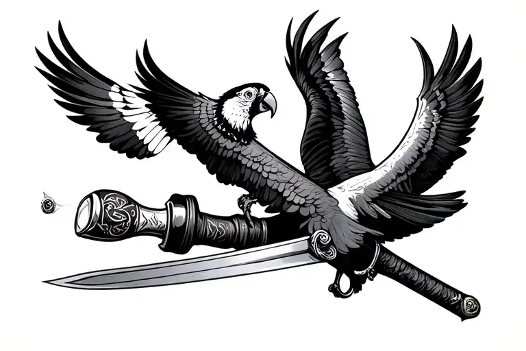 "Pirate sword rum bottle " macaw flying towards tattoo design idea