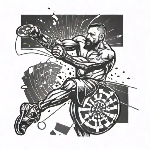 A tattoo of a UFC fighter throwing a powerful kick, with a background of a dart board and money raining down around him tattoo design idea