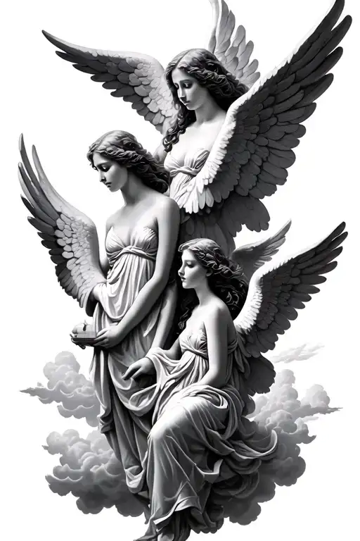3 angels, sleeve, clouds, biblic tattoo design idea