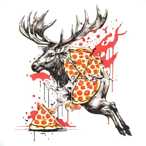 elk and pizza tattoo design idea