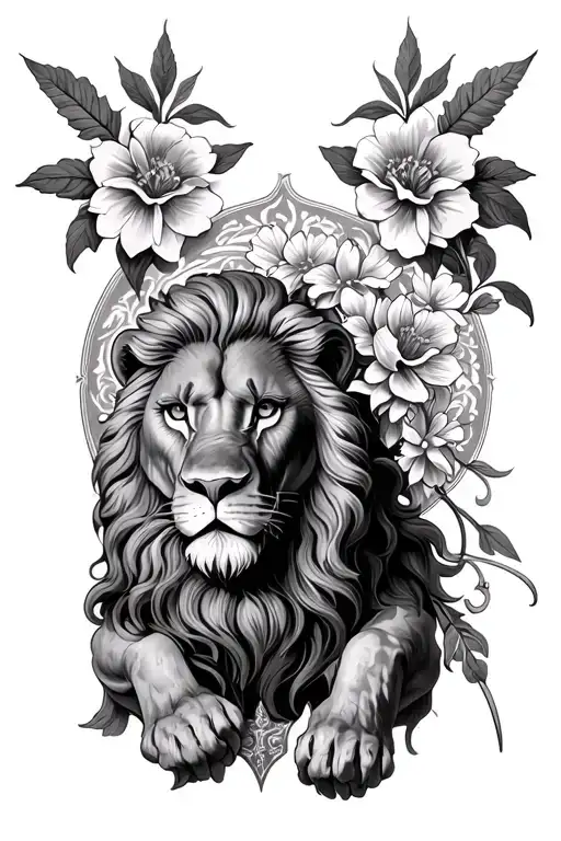 Lion over st Florian with flowers  tattoo design idea