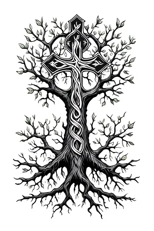 three nail Cross in tree of life intertwined tattoo design idea