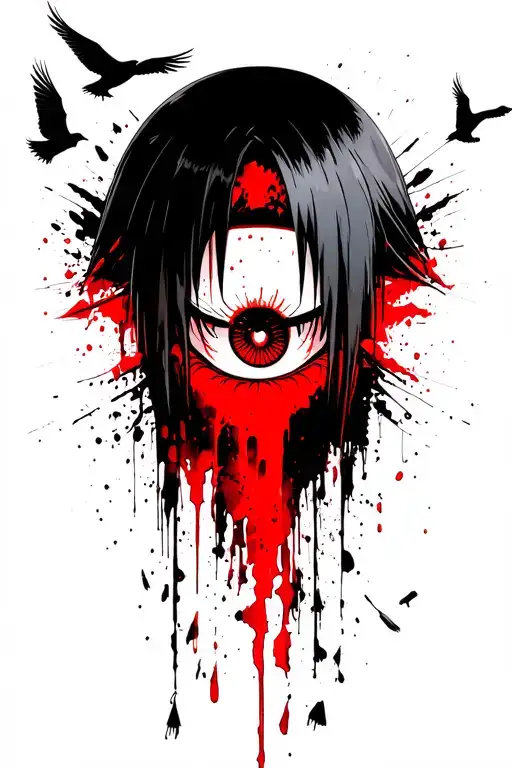 "Pay the price of discipline " Itachi Uchiha bleeding eye with crows flying tattoo design idea