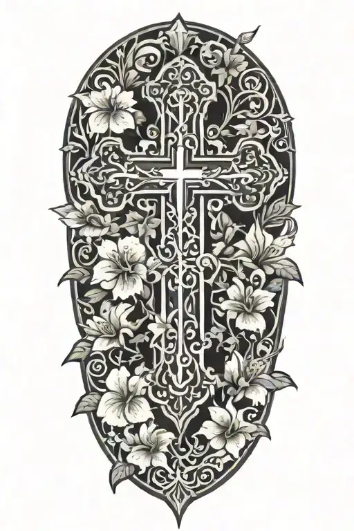christian cross with a black border and white inside. surrounded by hibiscus flowers and cherry blossoms tattoo design idea
