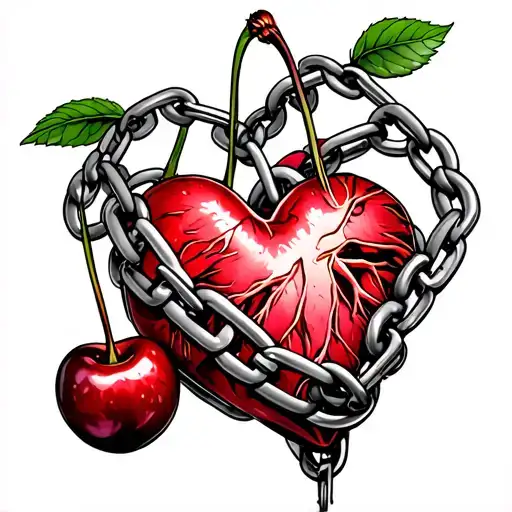 two cherries and heart organ wrapped by chains tattoo design idea