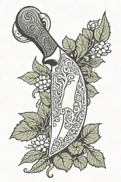 Chef's Knife with wood handle and hop vines growing tattoo design idea