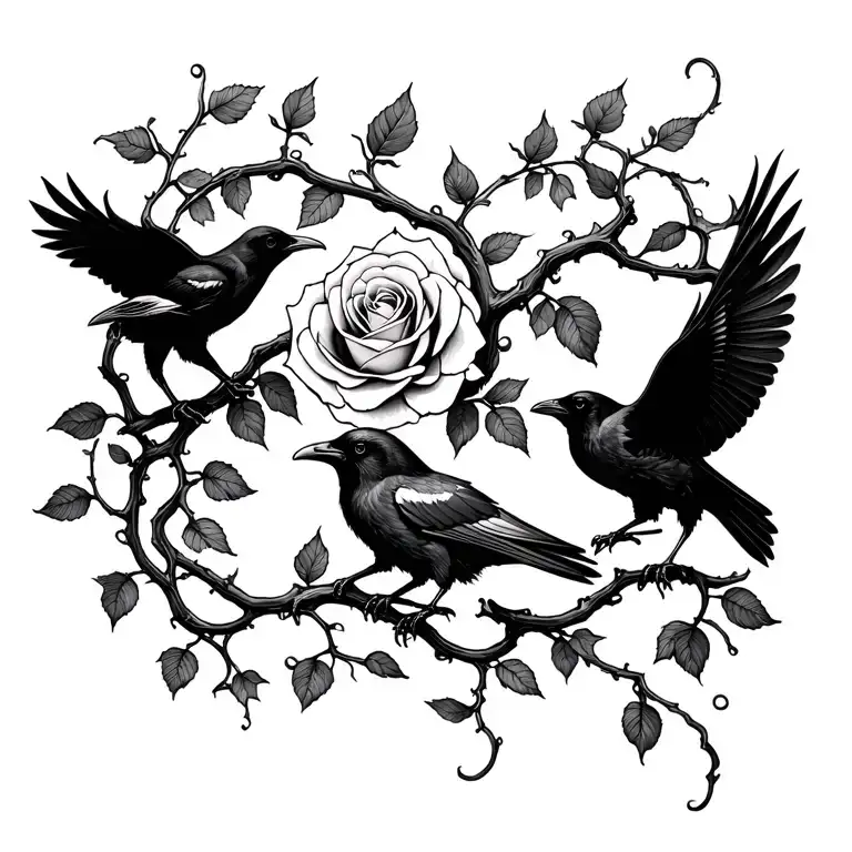 rose with vines going down entangling two ravens one right and one on the left tattoo design idea