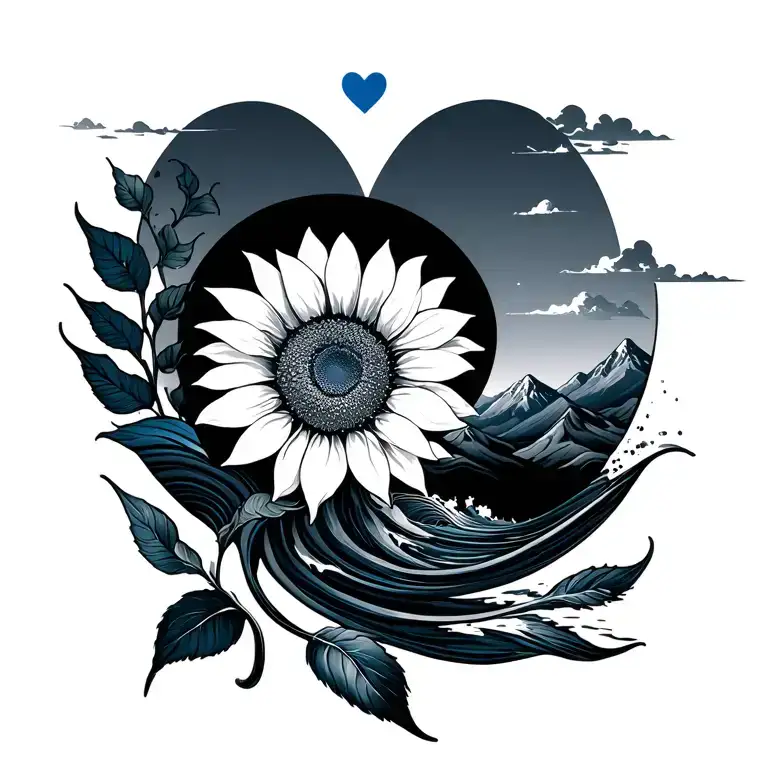 semi colon sunflower, waves, sunset, mountain, sky, blue heart tattoo design idea