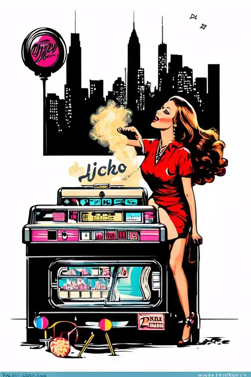 old school diner 70s theme jukebox girl blowing kiss city skyline vintage  tattoo design idea