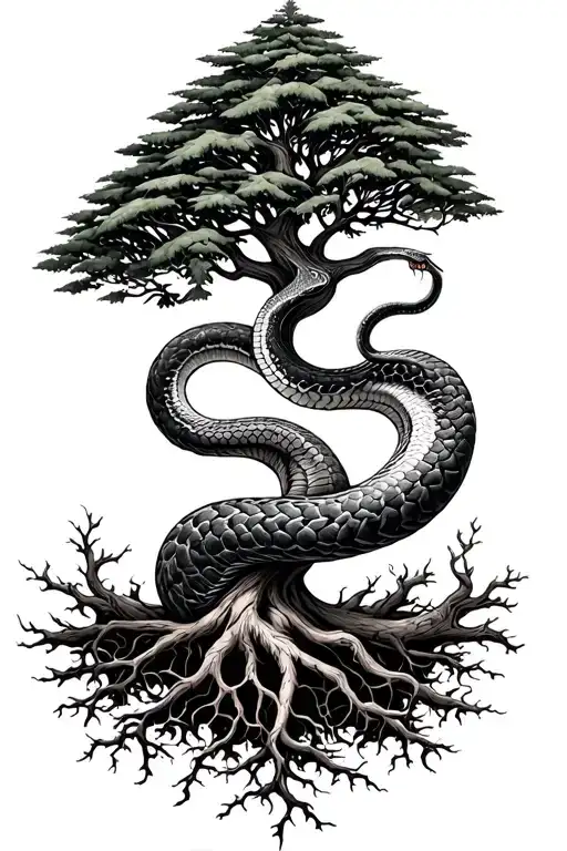 Evergreen tree of life with roots. Ouroboros snake eating tail outline Black tattoo design idea