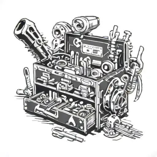 A mechanic's toolbox filled with anime-inspired tools and gadgets, incorporating elements of the client's favorite games tattoo design idea