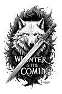 winter is coming with Jon snows sword piercing through the words and a white wolf surrounding it tattoo design idea