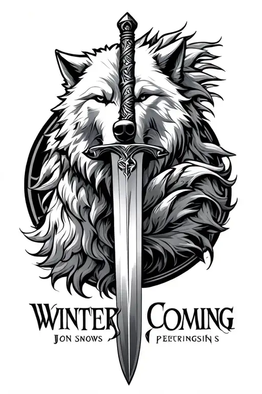 winter is coming with Jon snows sword piercing through the words and a white wolf surrounding it tattoo design idea