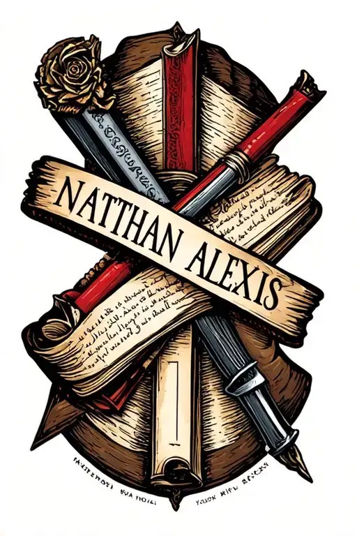 "NATHAN ALEXIS" Have the name NATHAN, crossed out like a teacher marking a piece of work tattoo design idea