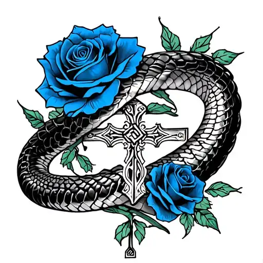 black cobra wrapping around arm in retro style with blue and black roses with a cross in the middle that has a tiny rose tattoo design idea