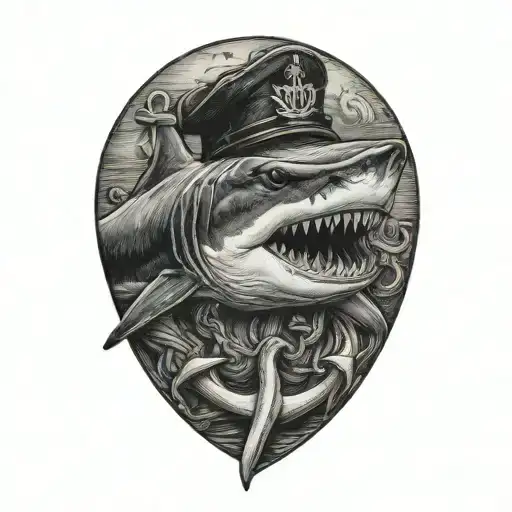 shark biting an anchor wearing a sailor hat tattoo design idea