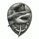 shark biting an anchor wearing a sailor hat tattoo design idea