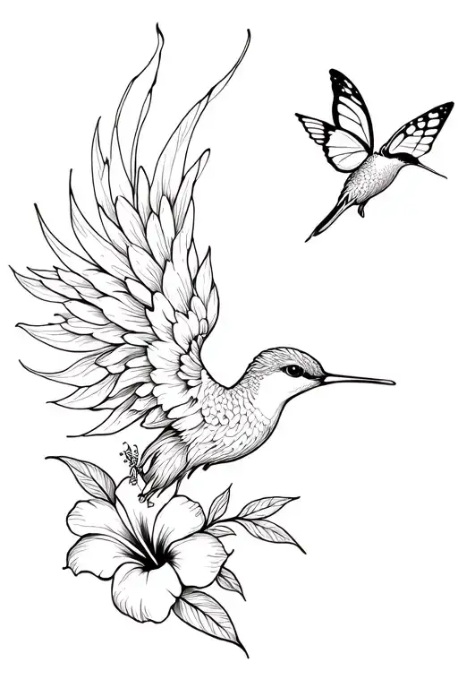 phoenix and hibiscus flower butterfly hummingbird tattoo design idea