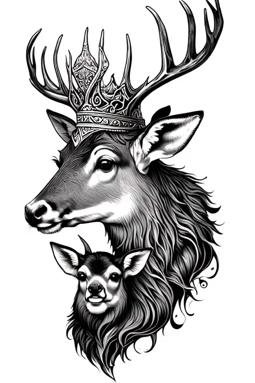 king of deer head with him wif and baby tattoo design idea