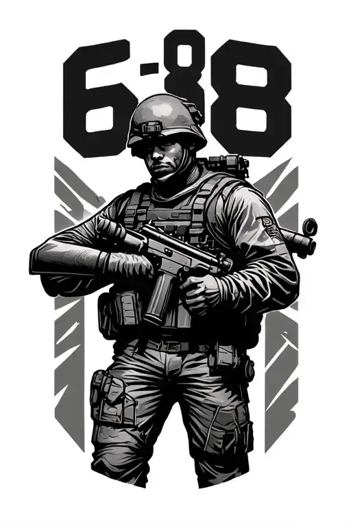 "6:8" "6:8" modern soldier holding a gun tattoo design idea