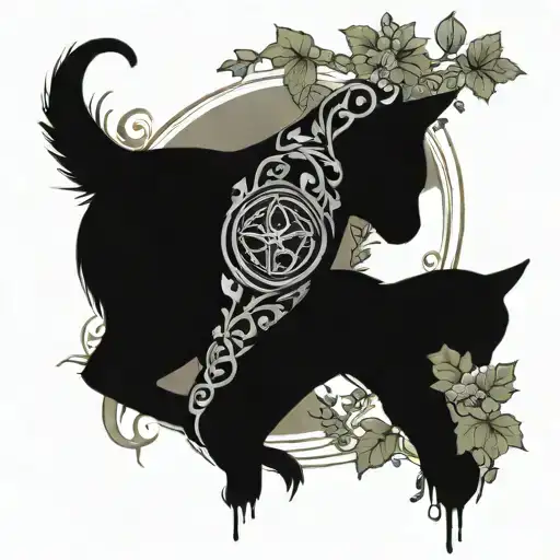 forearm tattoo with ivy vines wrapping, a black cat, a raven, the moon, Celtic runes, gems, crystals and Belladonna  tattoo design idea