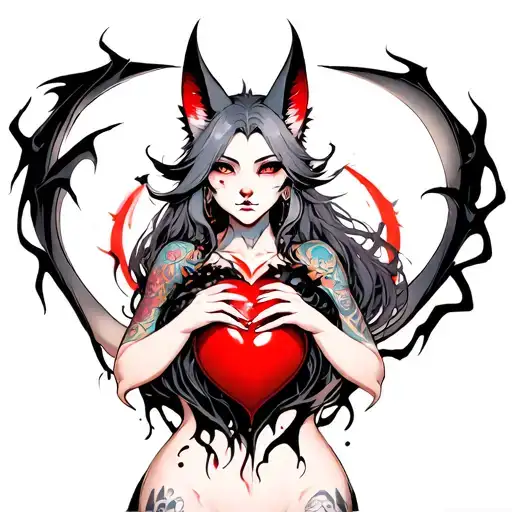 tattooed anime demon spirit fox woman holding a shattered heart with a heart shaped black dragon surround tattoo design idea