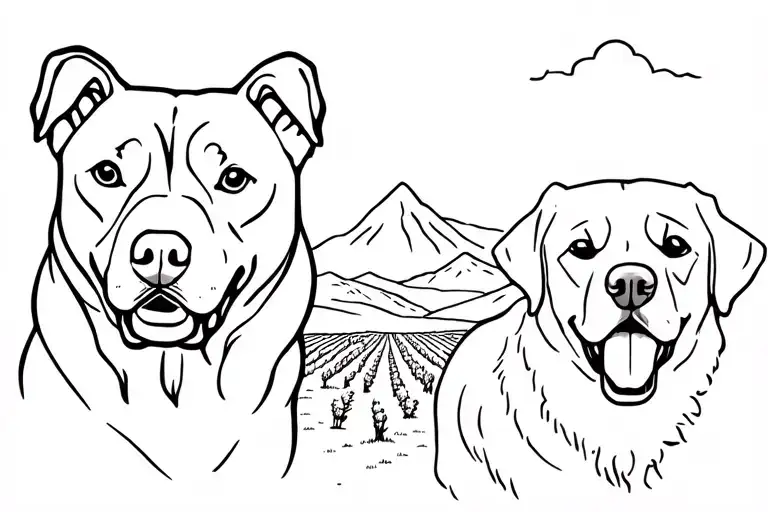black lab, white pitt bull with a black left eyebrow, and a golden retriever in a vineyard with a mountain landscape  tattoo design idea
