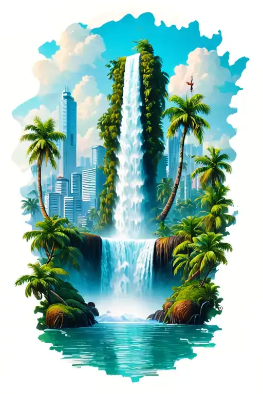 waterfall city sky line and coconut trees tattoo design idea
