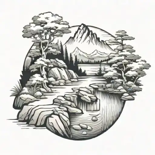 Mountain Scene with river and pond. add a traditional japanese house for an upper arm tattoo design idea