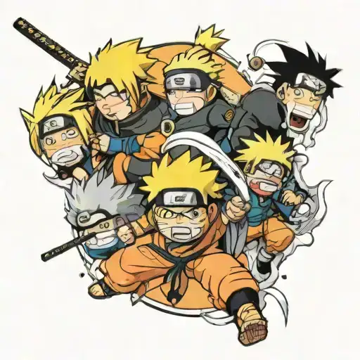 Generate image of Naruto along with child Goku flying with a small orange cloud with a stick tied to his head tattoo design idea