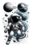 space, planets and astronaut floating tattoo design idea