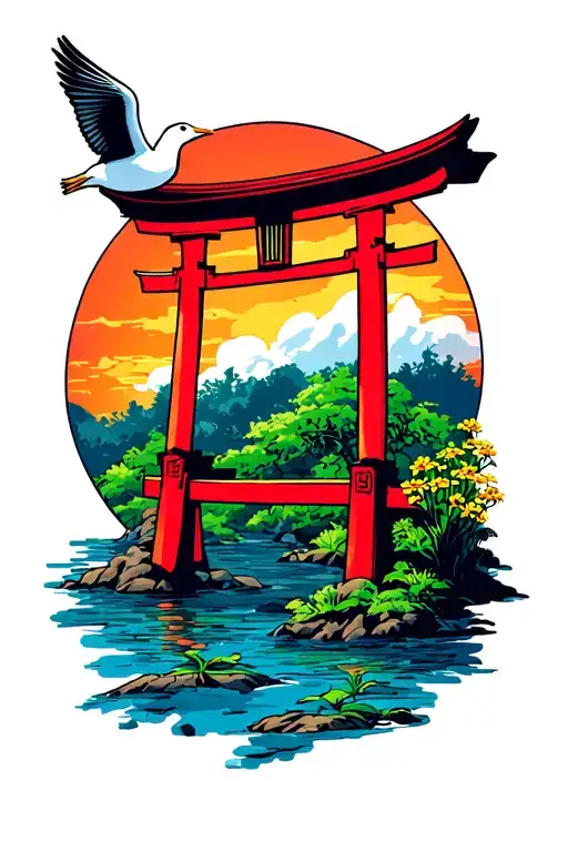 colorful torii with seagull, islands, sunset and green vegetation with little yellow flowers tattoo design idea