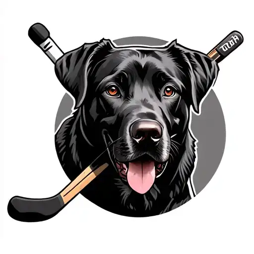 black lab holding hockey stick tattoo design idea